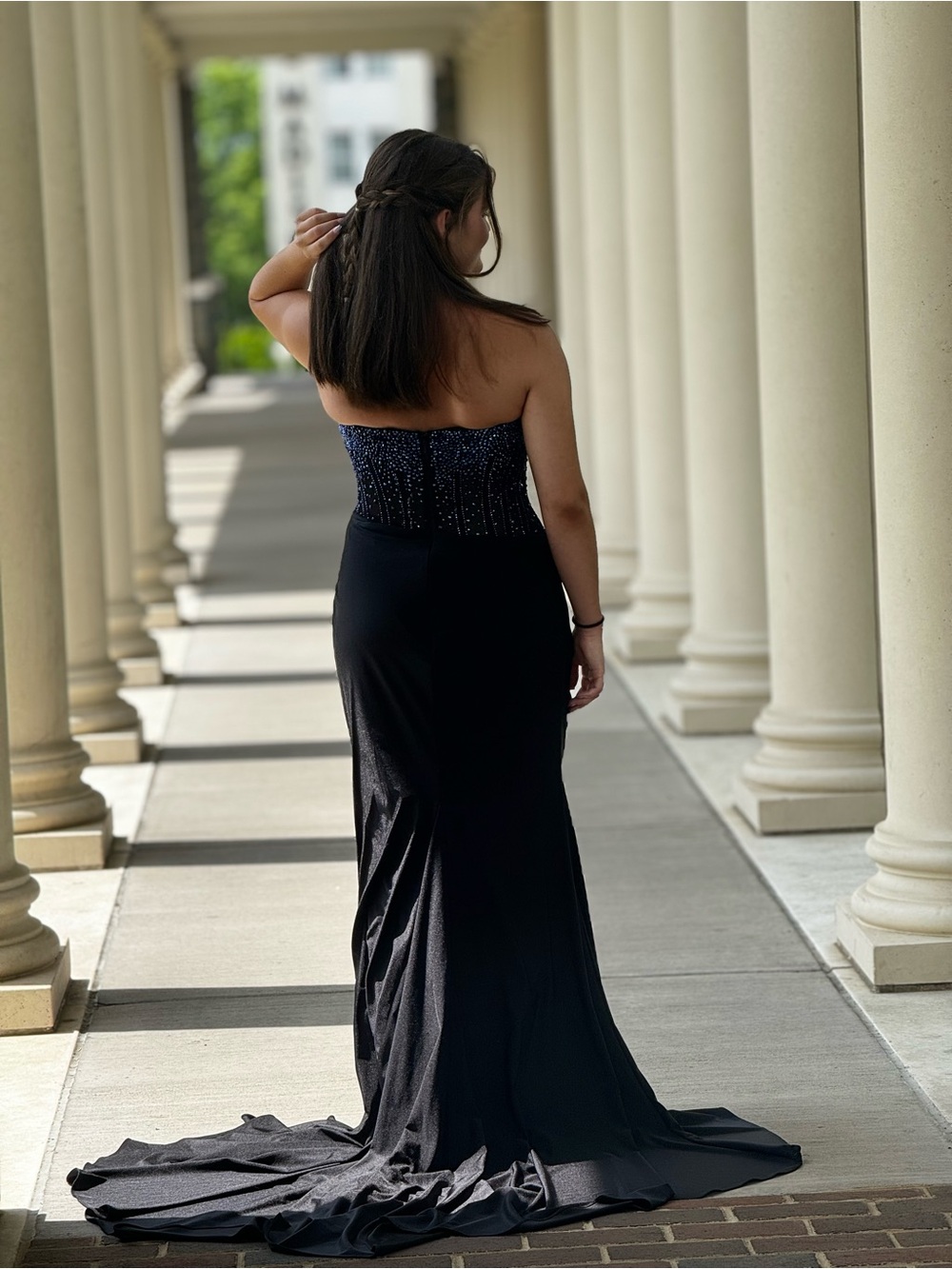 Strapless Black Evening Gown with Beaded Navy Corset - Picture 4 of 4
